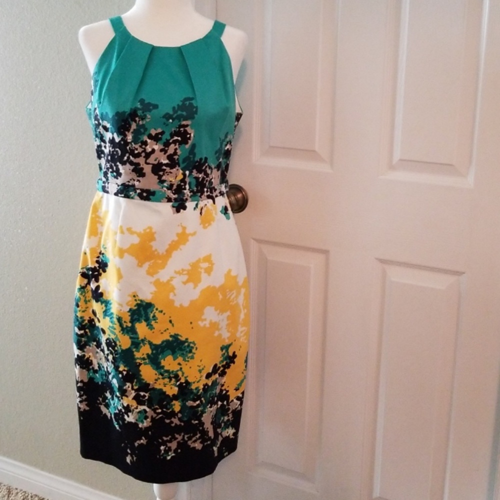 Tahari Pleat Neck Belted Sheath Dress